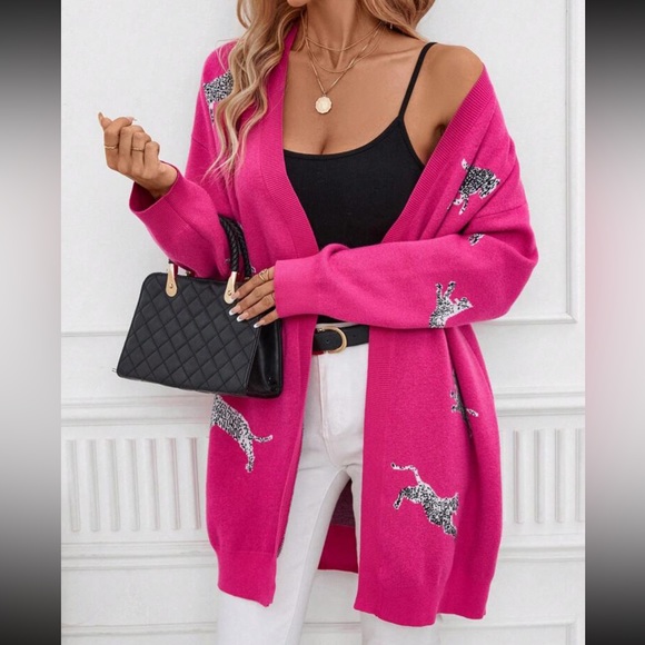 Leopard Print Open Front Sweater Cardigan Hot Pink